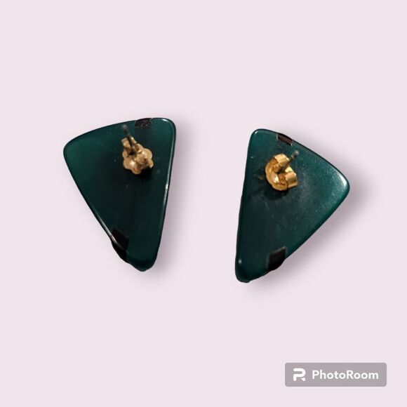 Vintage 80s Green/Black triangle stripe stud earrings 90s - Picture 3 of 3